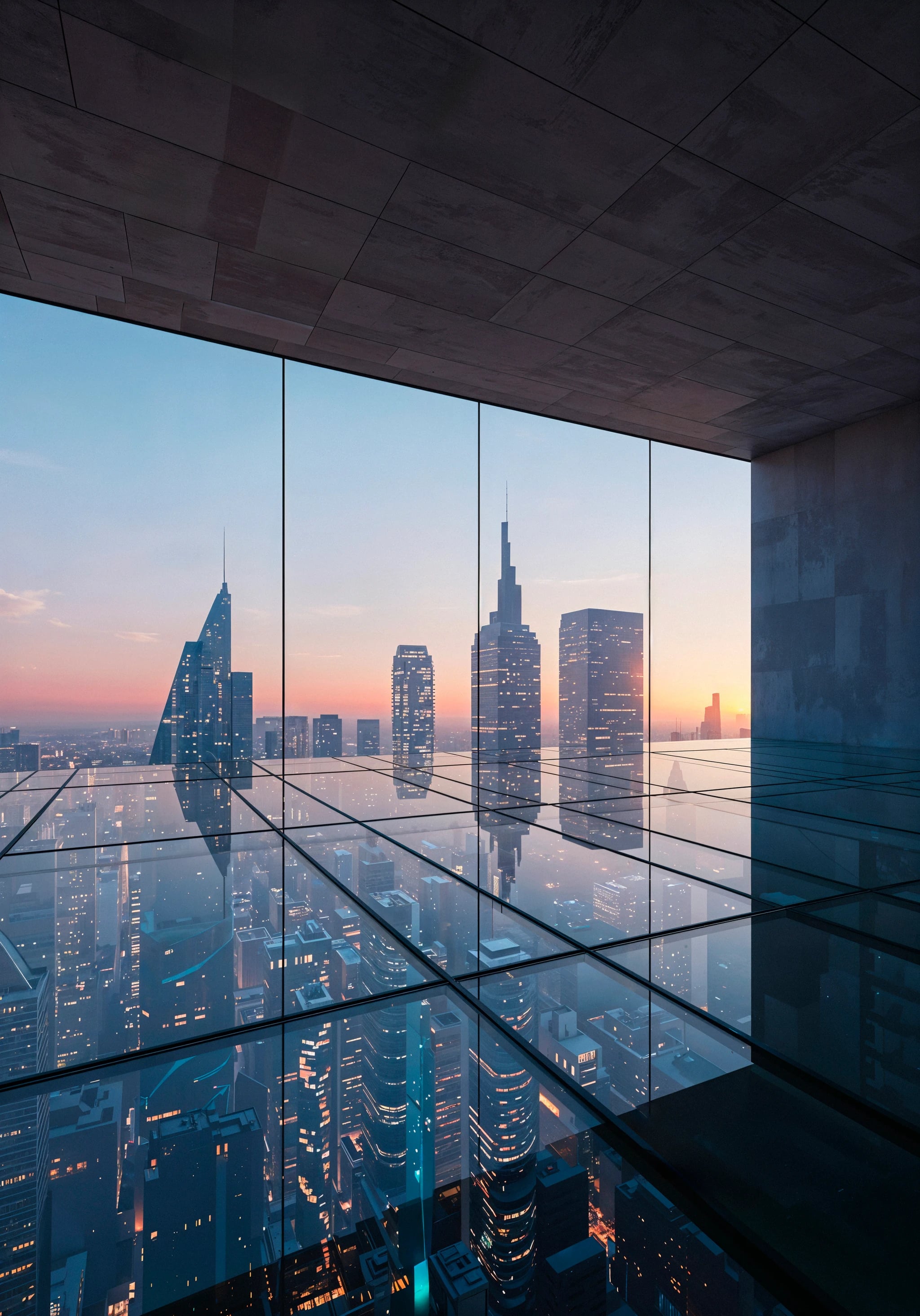 City skyline at dusk seen through a glass facade